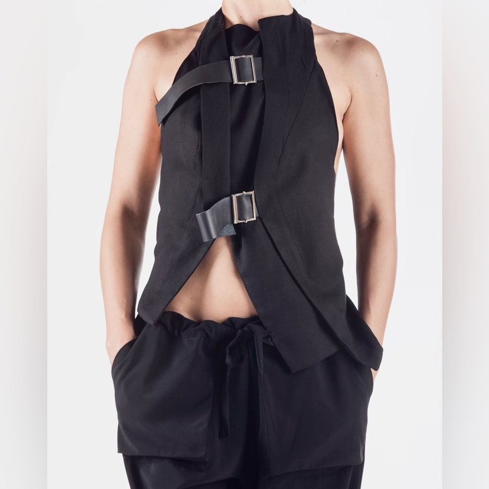 SOLD Pre-Owned Black Asymmetric Sleeveless Blazer Vest.